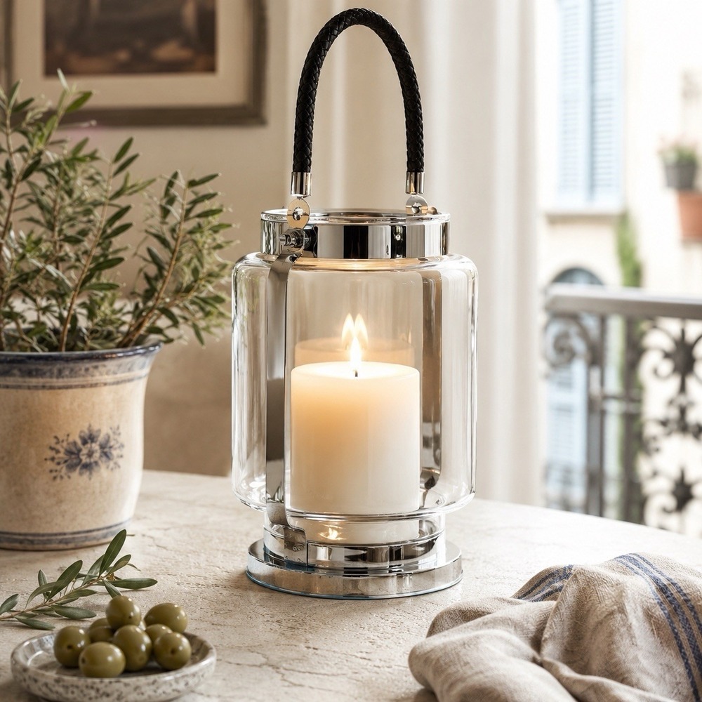 Leonardo Style Glass Hurricane Lantern Chrome Braided Rope Handle Patio Decor